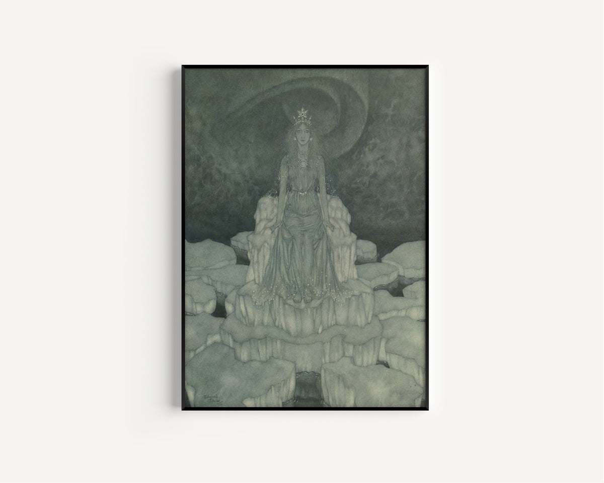 Framed art print of Stories from Hans Andersen: The Snow Queen Sat in the Very Middle of It by Edmund Dulac, in a slim black frame on a plain white wall