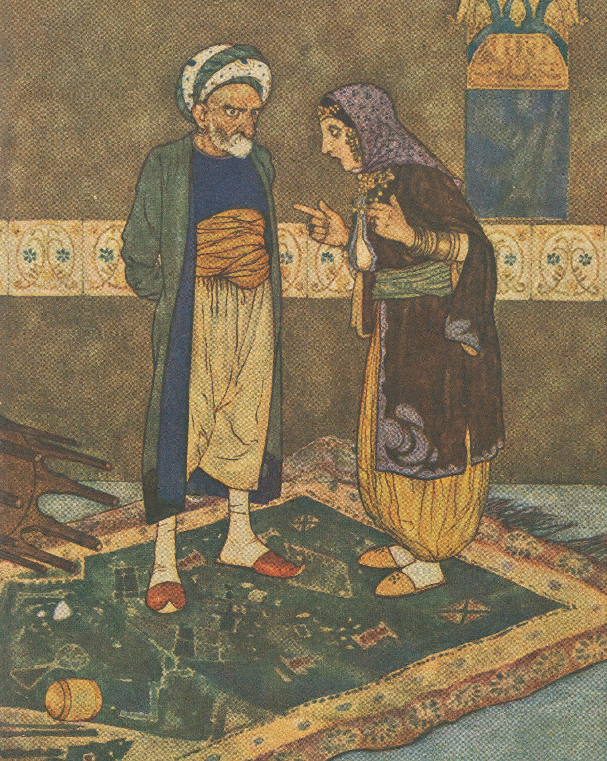 Edmund Dulac — Stories from the Arabian Nights: As Soon as He Came In She Began to Jeer at Him | Fairy Tale Illustration Print