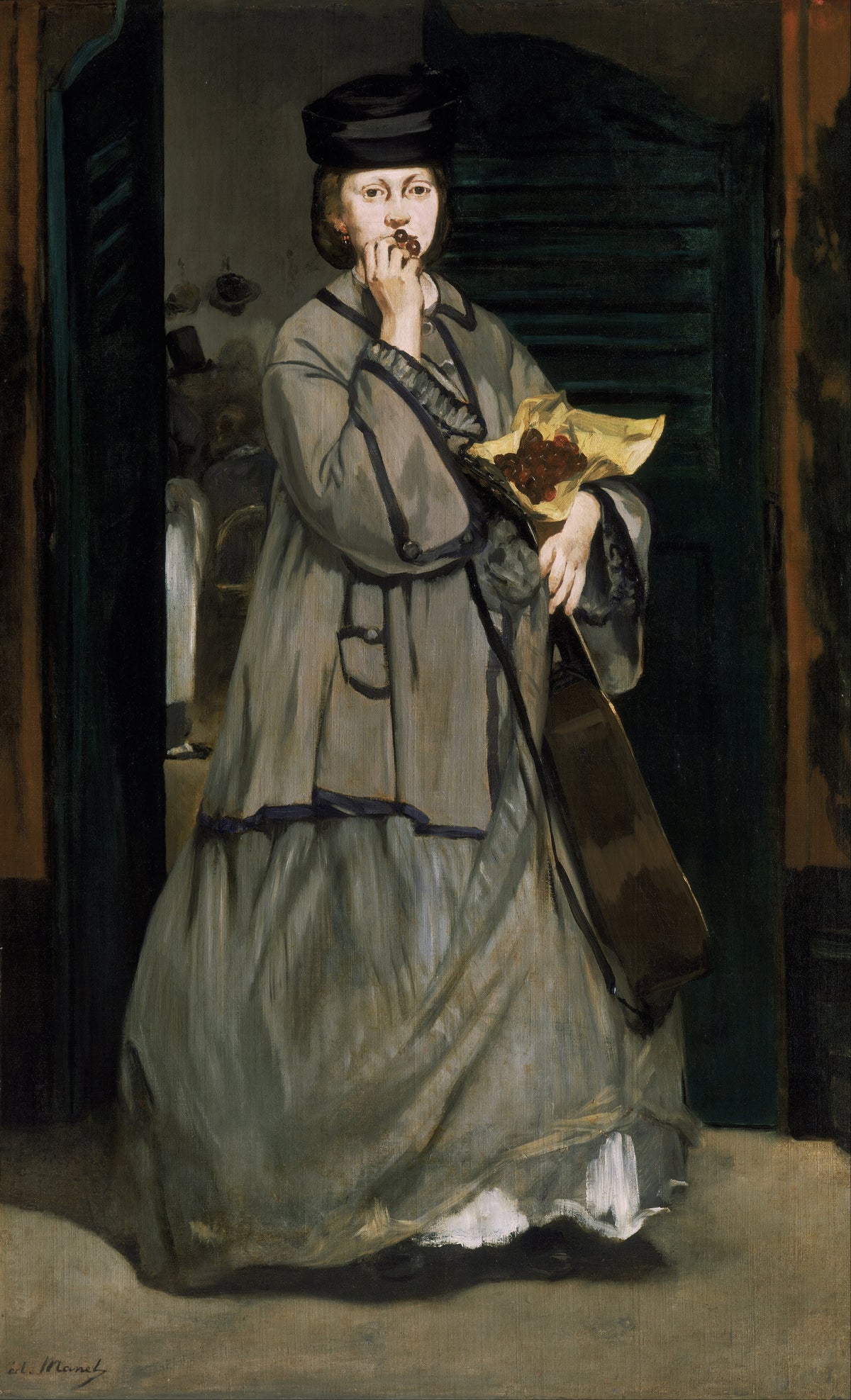 Street Singer by Édouard Manet — A street singer with a guitar eats cherries as she leaves a café
