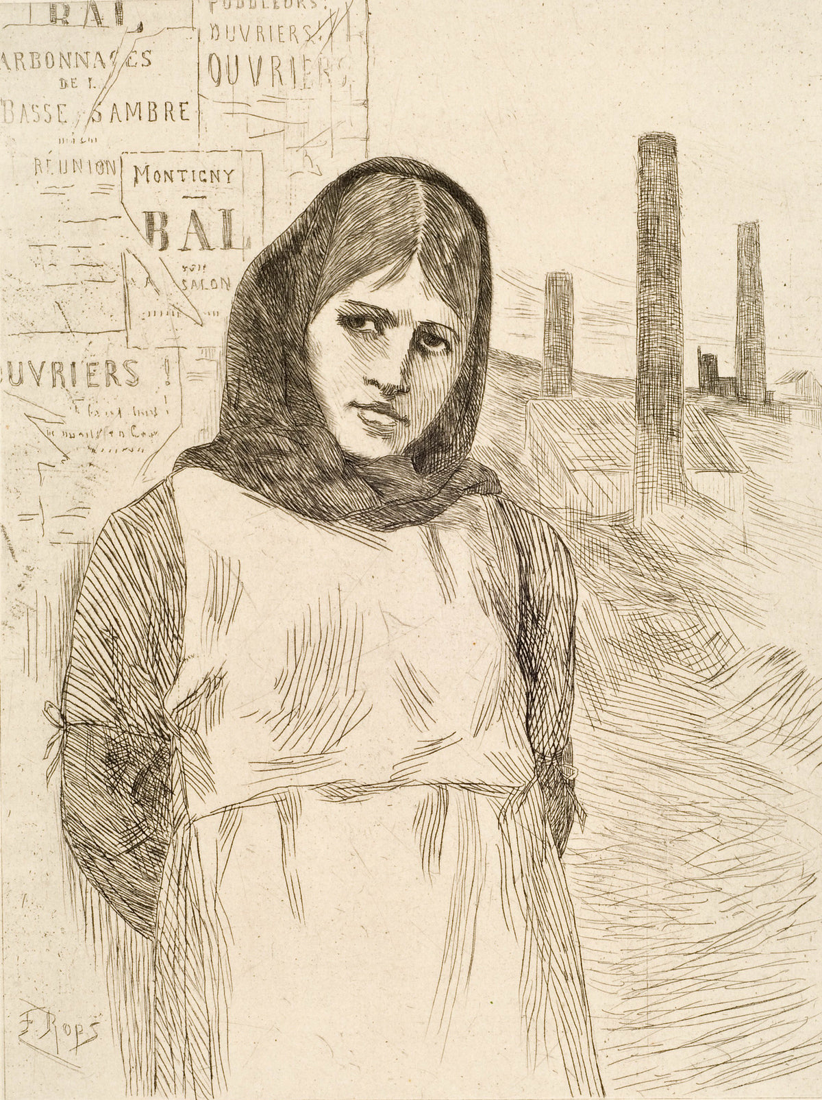 Strike, The Charcoal (La Grève) by Félicien Rops — A young woman in a dark shawl stands before factory chimneys