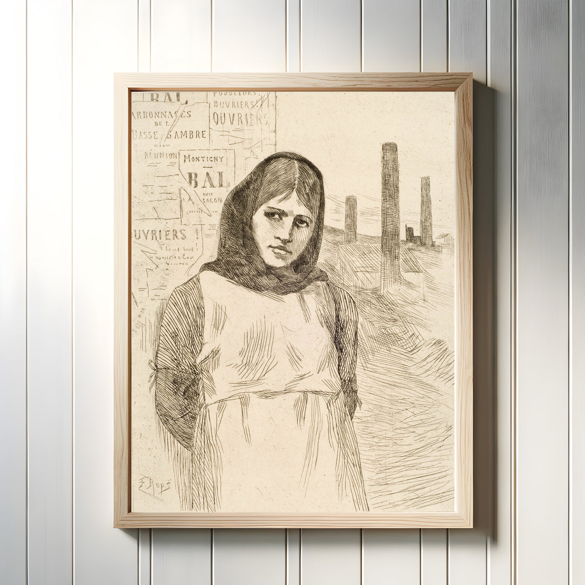 Framed art print of Strike, The Charcoal (La Grève) by Félicien Rops, in a light wood frame on a white panelled wall
