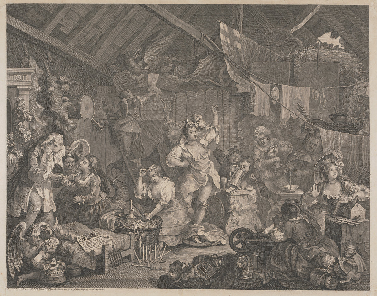 Strolling Actresses Dressing in a Barn by William Hogarth — Actresses dress for the stage in a cluttered barn loft