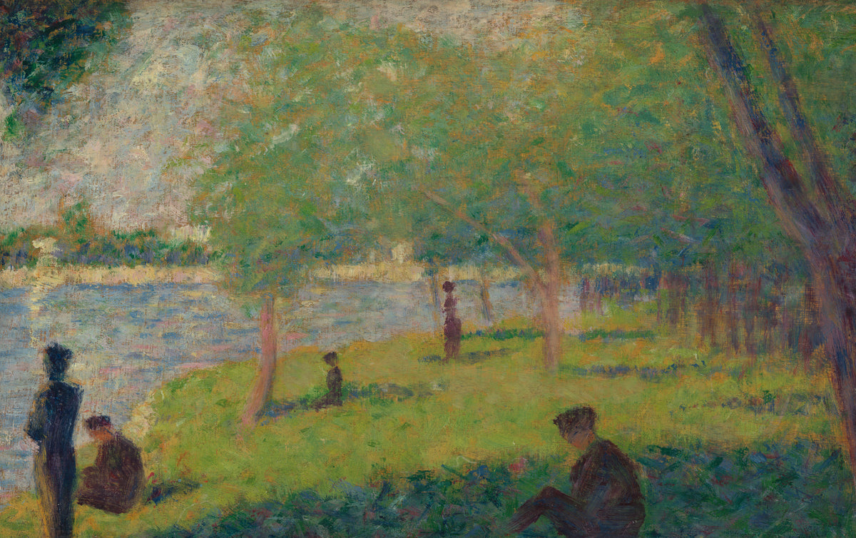 Study for "A Sunday on La Grande Jatte" by Georges Seurat — Figures rest in the shade of trees on a sunlit riverbank
