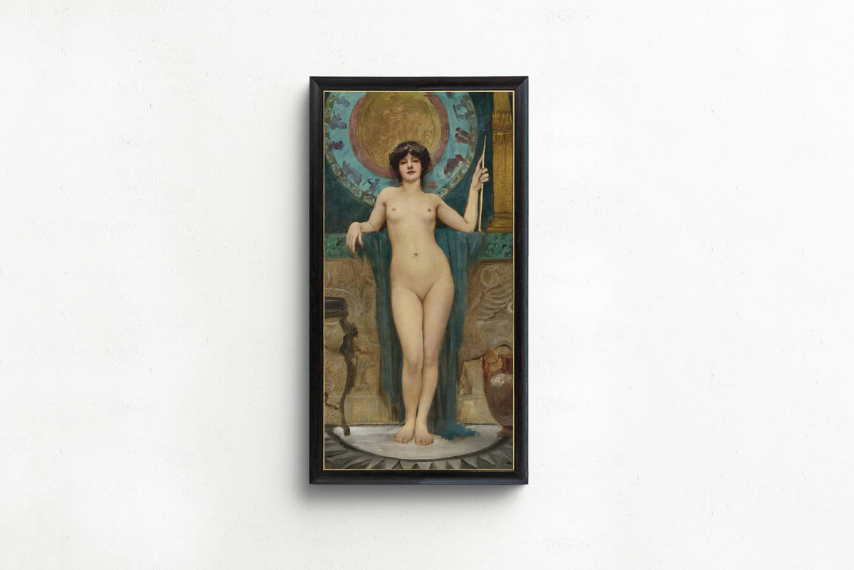 Framed art print of Study of Campaspe by John William Godward, in a slim black frame on a plain white wall