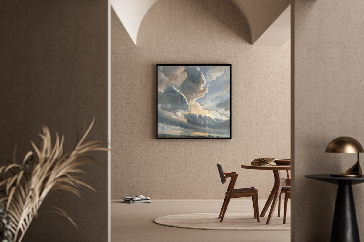 Study of Clouds with a Sunset near Rome by Simon Denis — framed in a sunlit dining corner