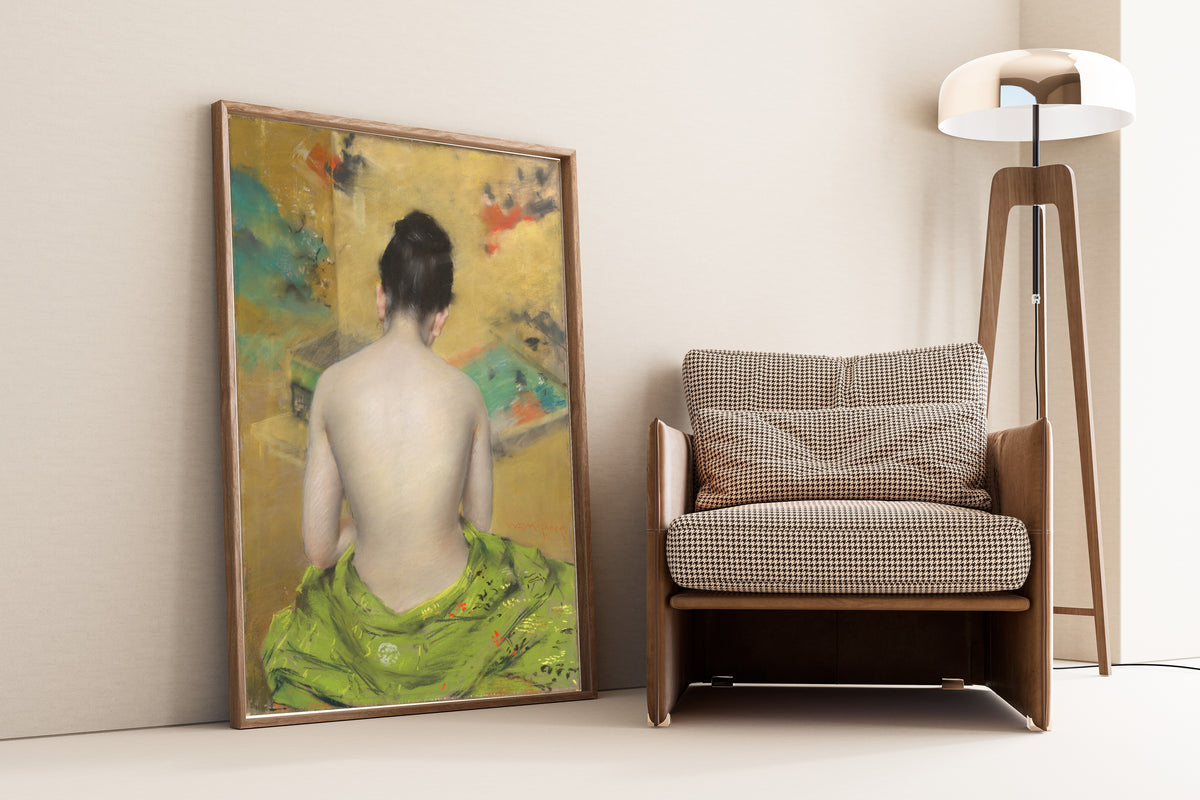 Study of Flesh Color and Gold by William Merritt Chase — framed and leaning against a wall beside an armchair and a floor lamp