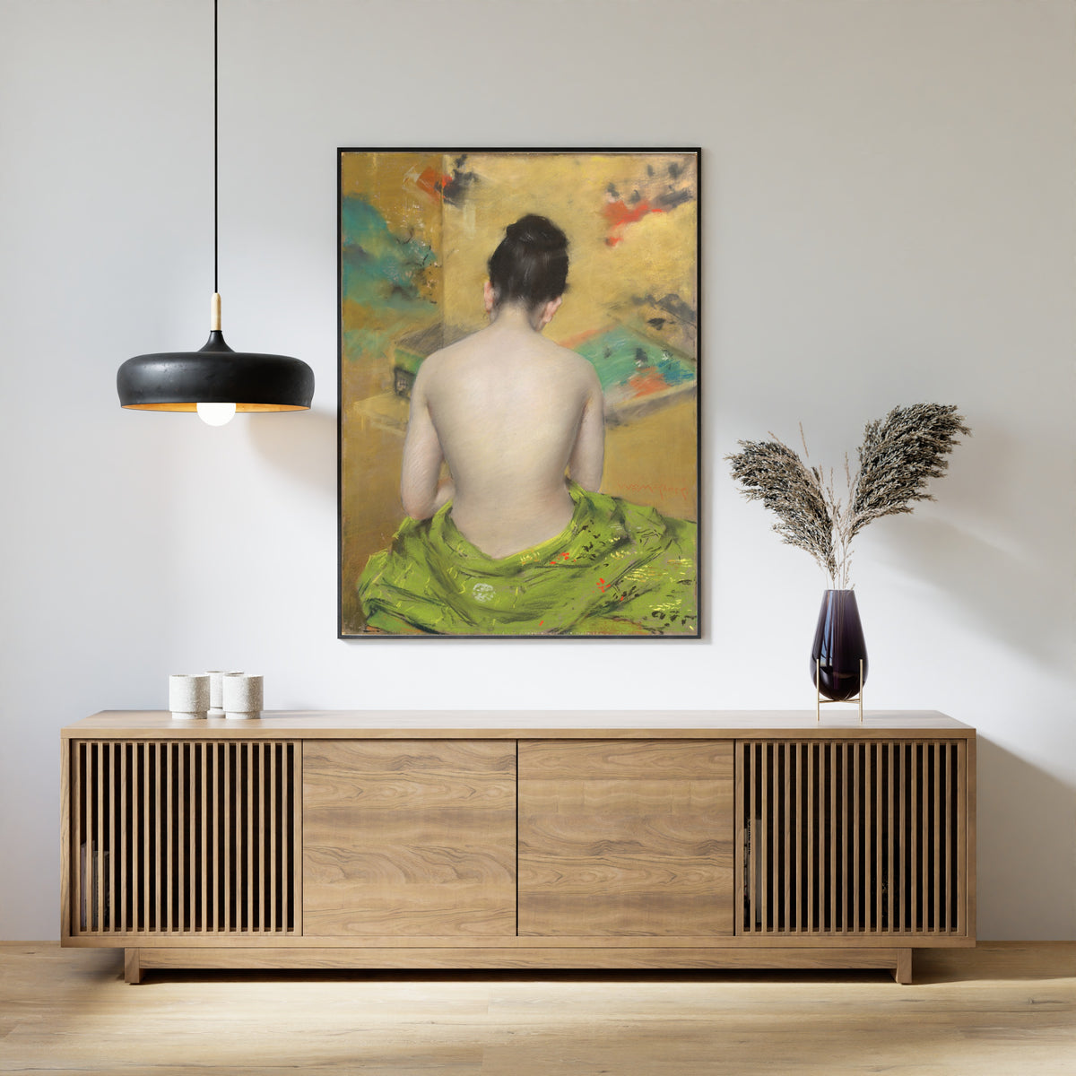 Study of Flesh Color and Gold by William Merritt Chase — framed above a slatted wood sideboard