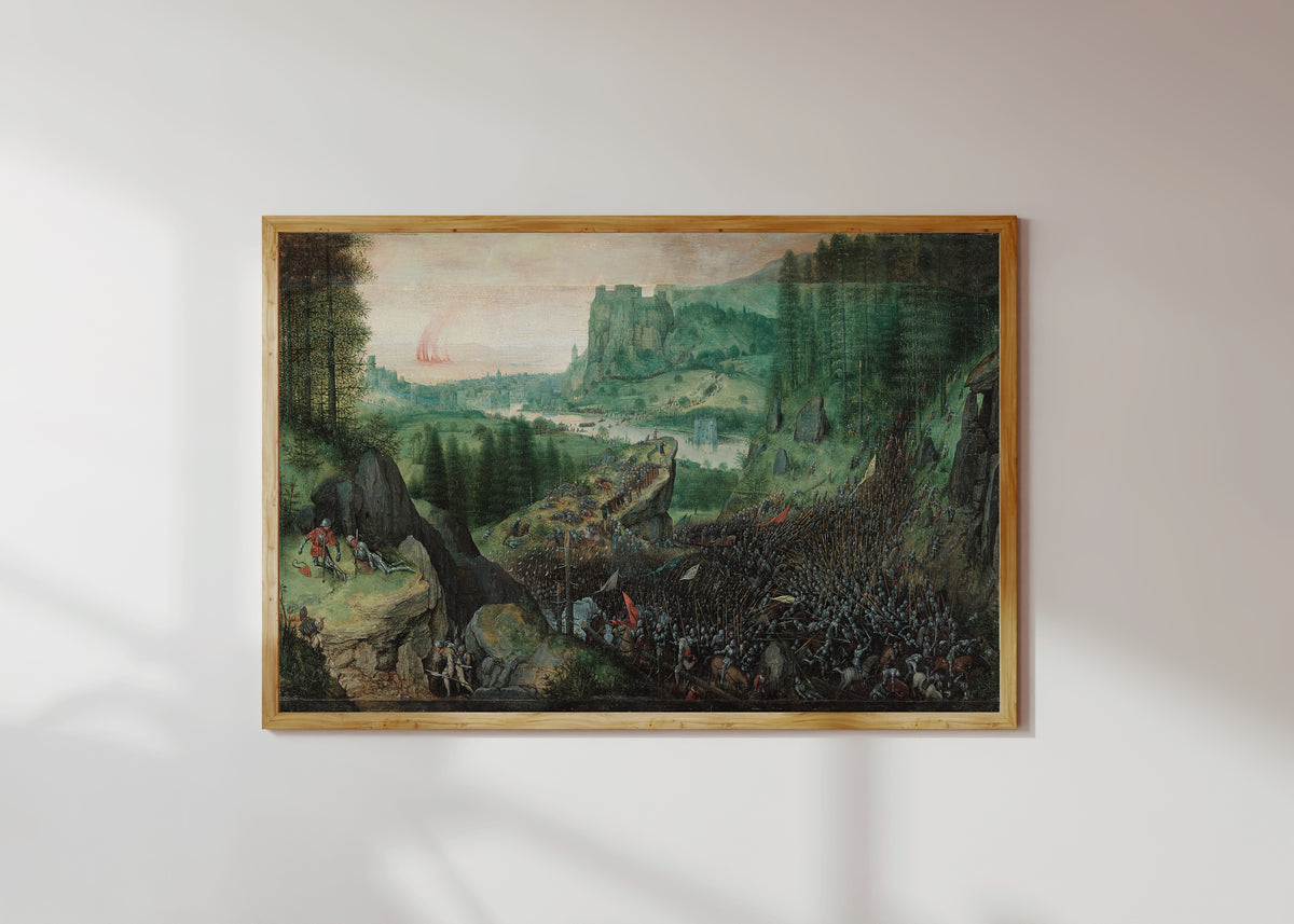 Framed art print of Suicide of Saul by Pieter Bruegel the Elder, in a light wood frame on a sunlit white wall