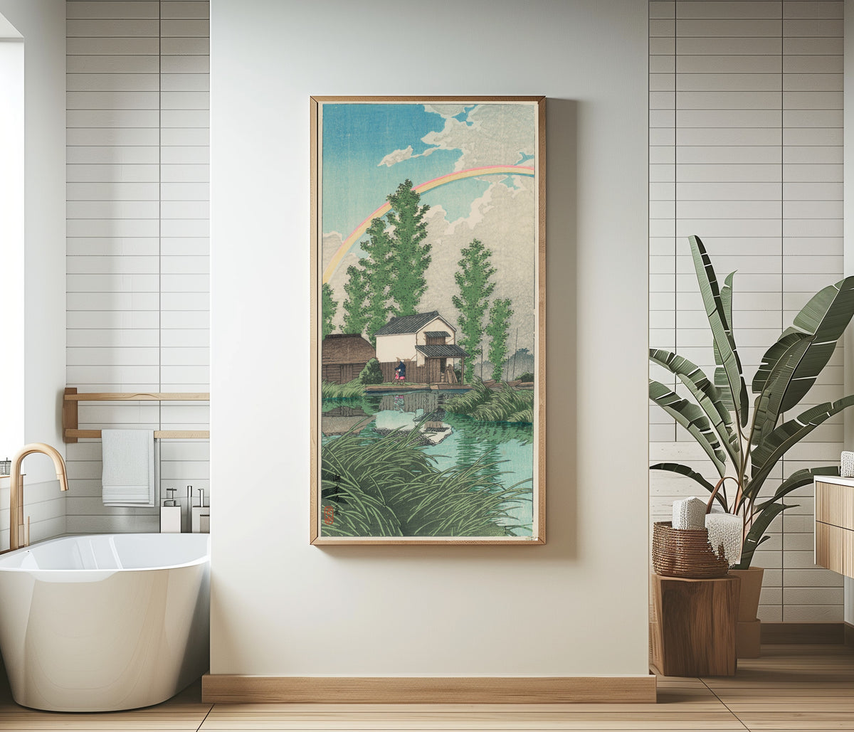 Framed art print of Summer at Itako by Kawase Hasui, in a bathroom beside a freestanding tub