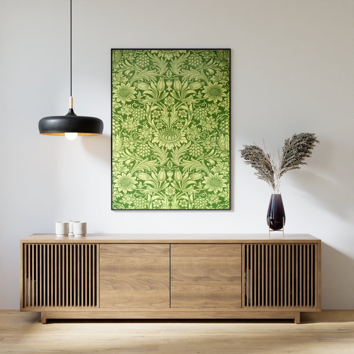 Framed art print of Sunflower by William Morris, above a slatted wood sideboard
