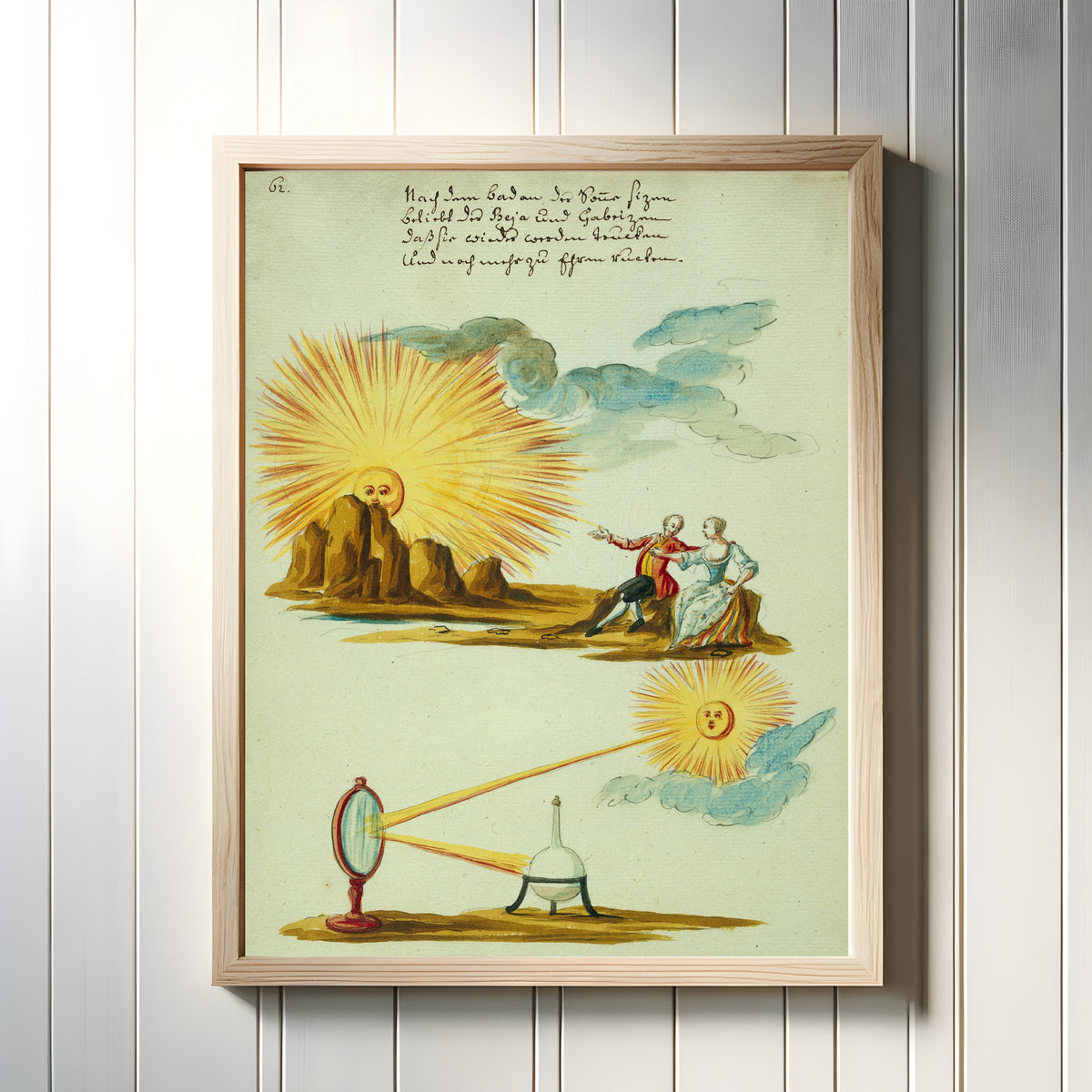 Framed art print of Sunlight Focused by a Mirror on an Alchemical Flask, beneath a… by Thesaurus Thesaurorum, in a light wood frame on a white panelled wall