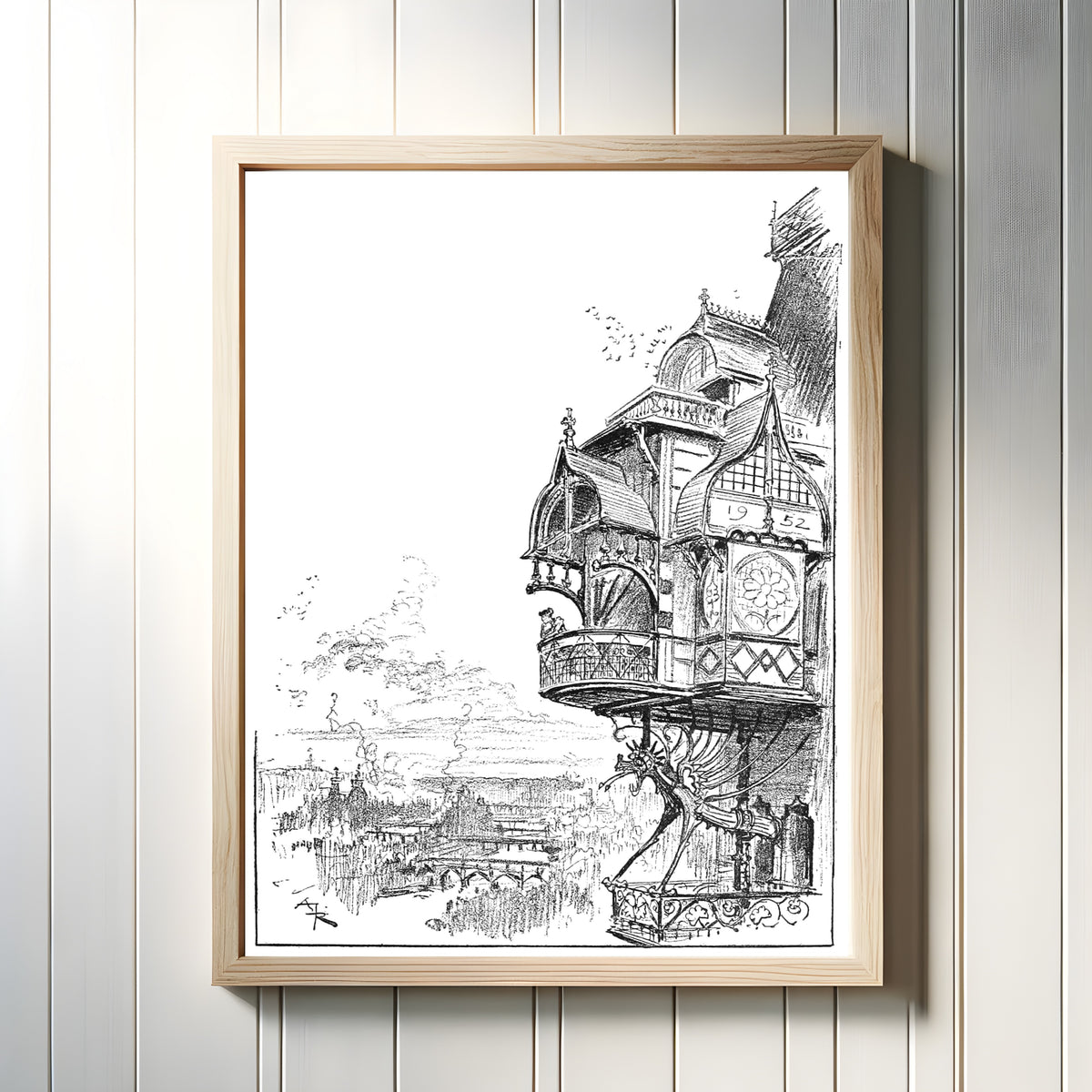 Framed art print of Sur les hauteurs de Passy by Albert Robida, in a light wood frame on a white panelled wall