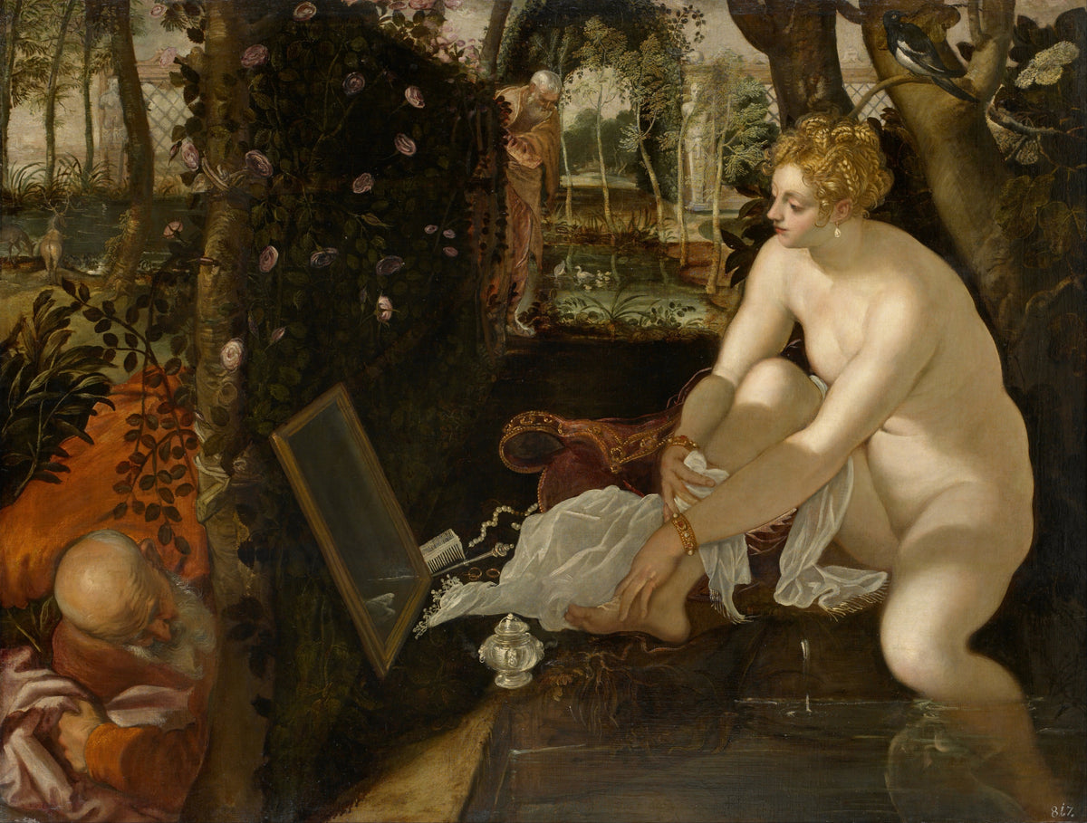 Susanna and the Elders by Tintoretto — A woman dries her foot at the pool's edge as two men watch