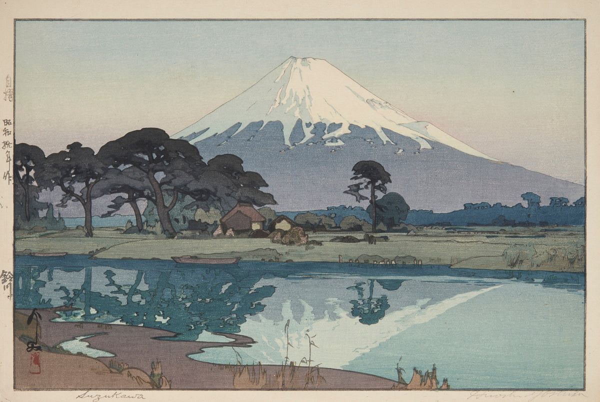 Suzukawa by Hiroshi Yoshida — Mount Fuji and dark pines reflected in a still teal river