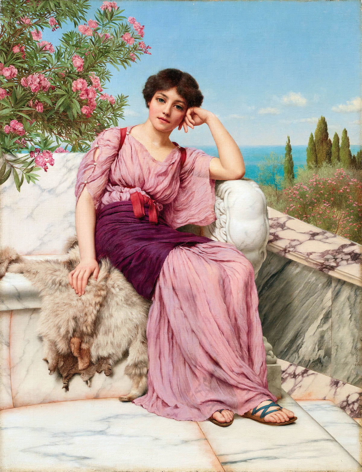 Sweet Dreams by John William Godward — A woman in pink rests her cheek on her hand on a seat by the sea