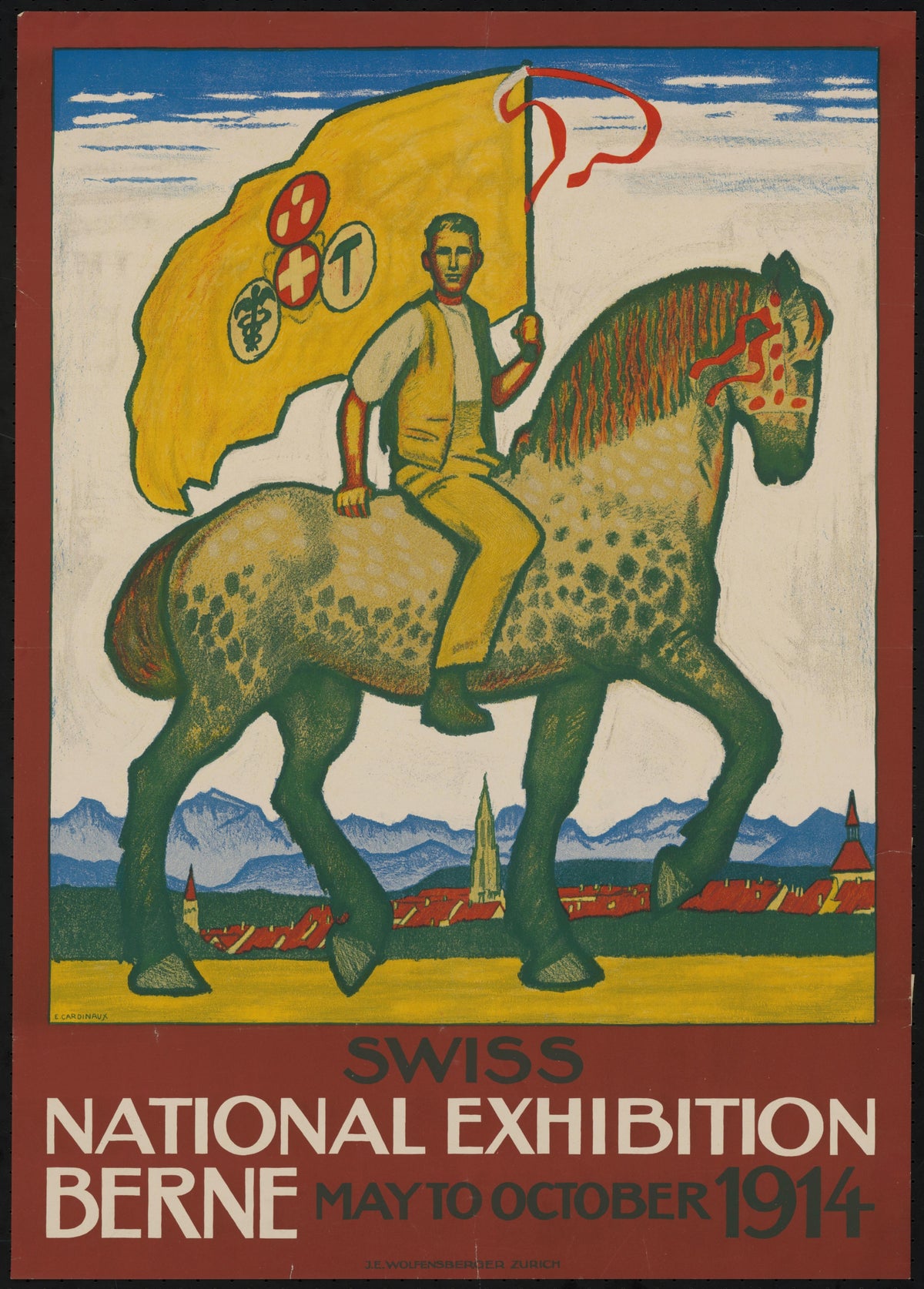Swiss National Exhibition, Berne 1914 by Emil Cardinaux — A man on a dappled draught horse waves a great yellow banner
