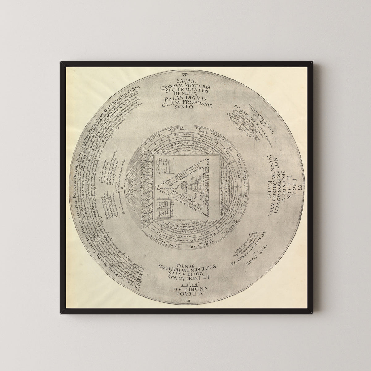 Framed art print of Syzygy: the Conjunction of the Macrocosmic Unity with the Microcosmic Triunity… by Heinrich Khunrath, in a black frame on a pale wall