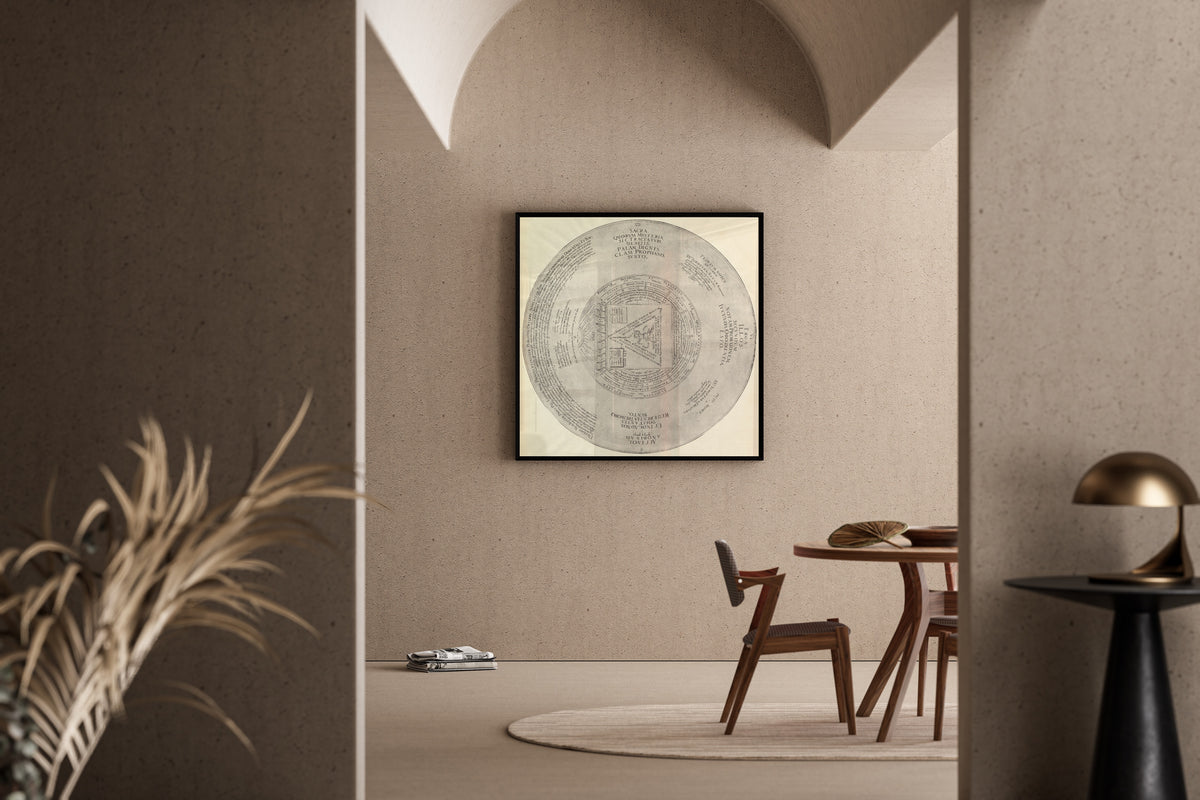 Framed art print of Syzygy: the Conjunction of the Macrocosmic Unity with the Microcosmic Triunity… by Heinrich Khunrath, in a sunlit dining corner