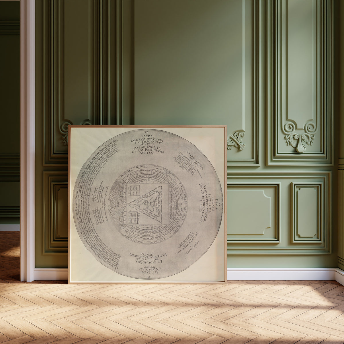 Framed art print of Syzygy: the Conjunction of the Macrocosmic Unity with… by Heinrich Khunrath, leaning against olive-green panelling on a herringbone floor