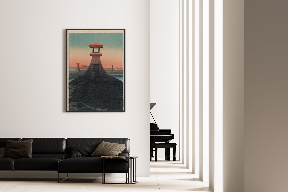 Framed art print of Tadotsu, Sanshu by Kawase Hasui, on the wall of a minimal living room