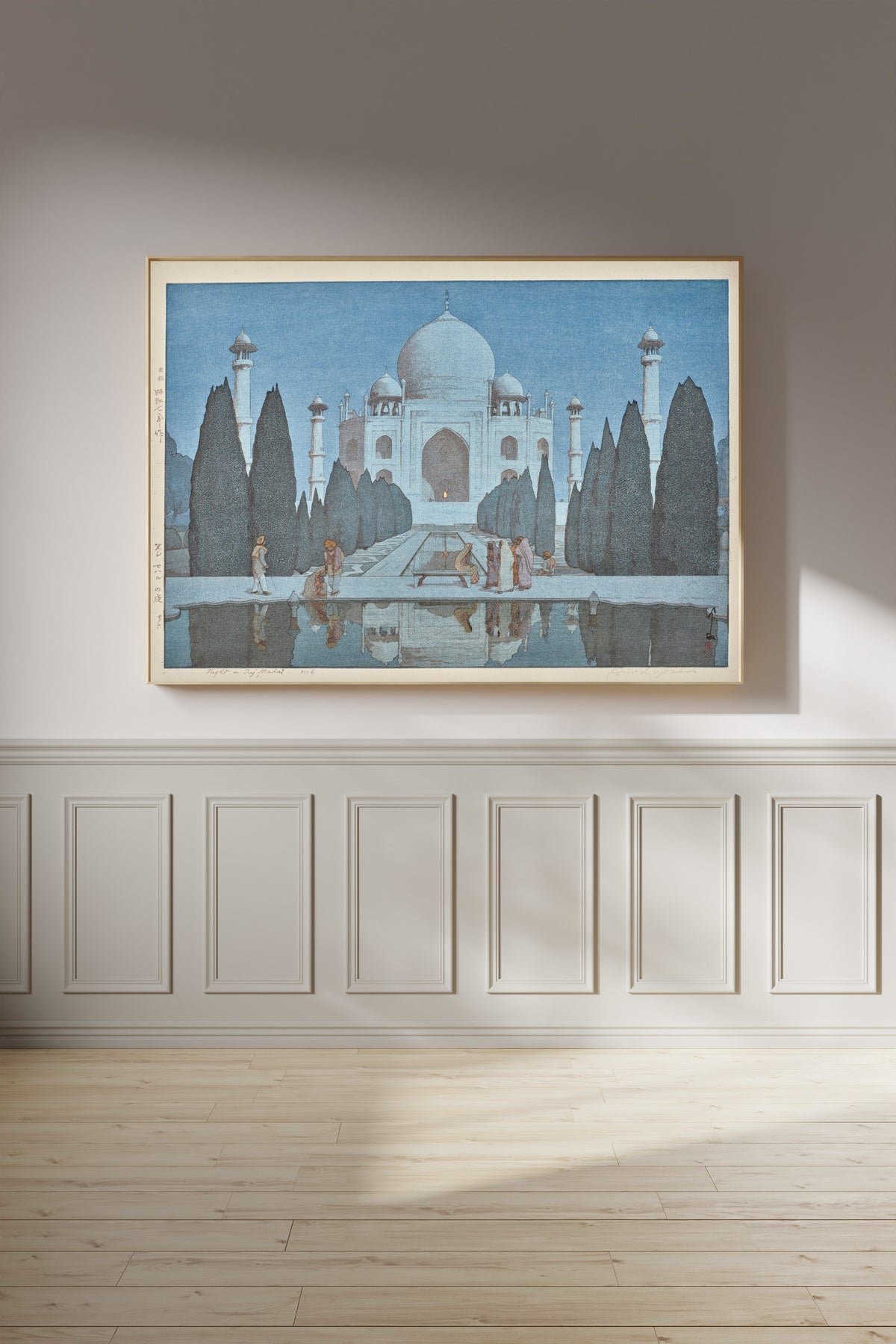 Framed art print of Taj Mahal at Night, No. 6 by Hiroshi Yoshida, on a panelled wall in afternoon light