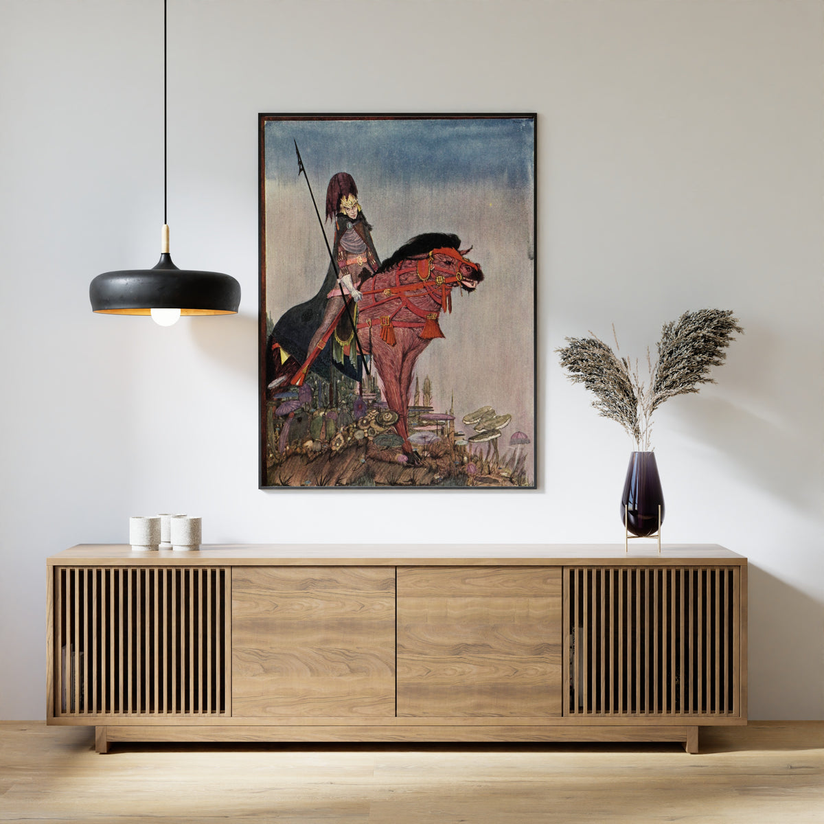 Framed art print of Tales of Mystery and Imagination: An Attachment Which Seemed to Attain New Strength by Harry Clarke, above a slatted wood sideboard