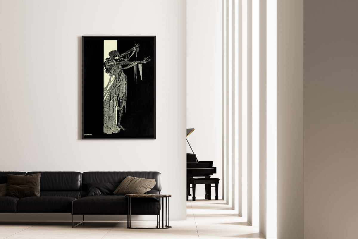 Framed art print of Tales of Mystery and Imagination: The Lady Madeline of Usher by Harry Clarke, on the wall of a minimal living room