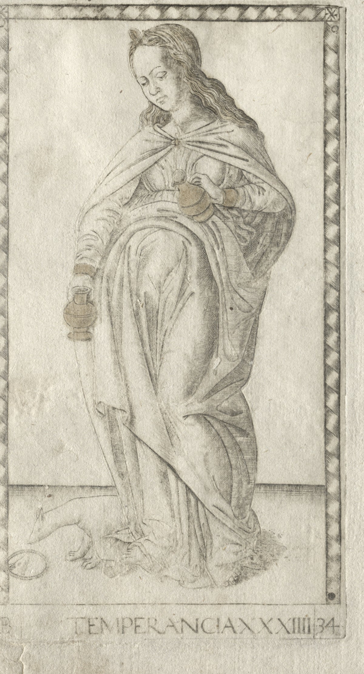 Temperance (from the Tarocchi, Series B: Cosmic Principles & Virtues, no. 34) by Master of the E-Series Tarocchi — A woman tips a jug at her breast towards a