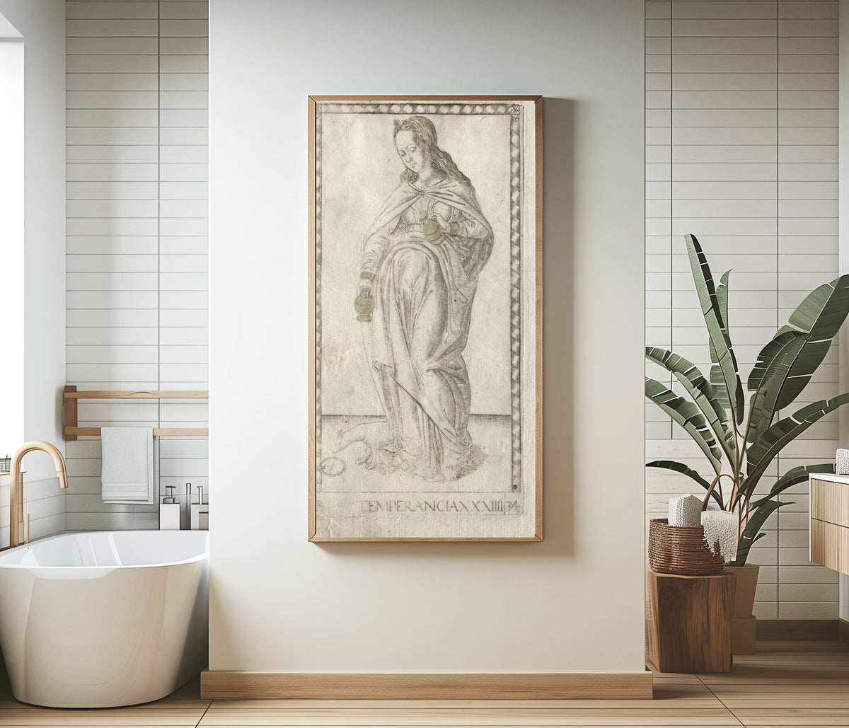 Framed art print of Temperance (from the Tarocchi, Series B: Cosmic Principles &… by Master of the E-Series Tarocchi, in a bathroom beside a freestanding tub