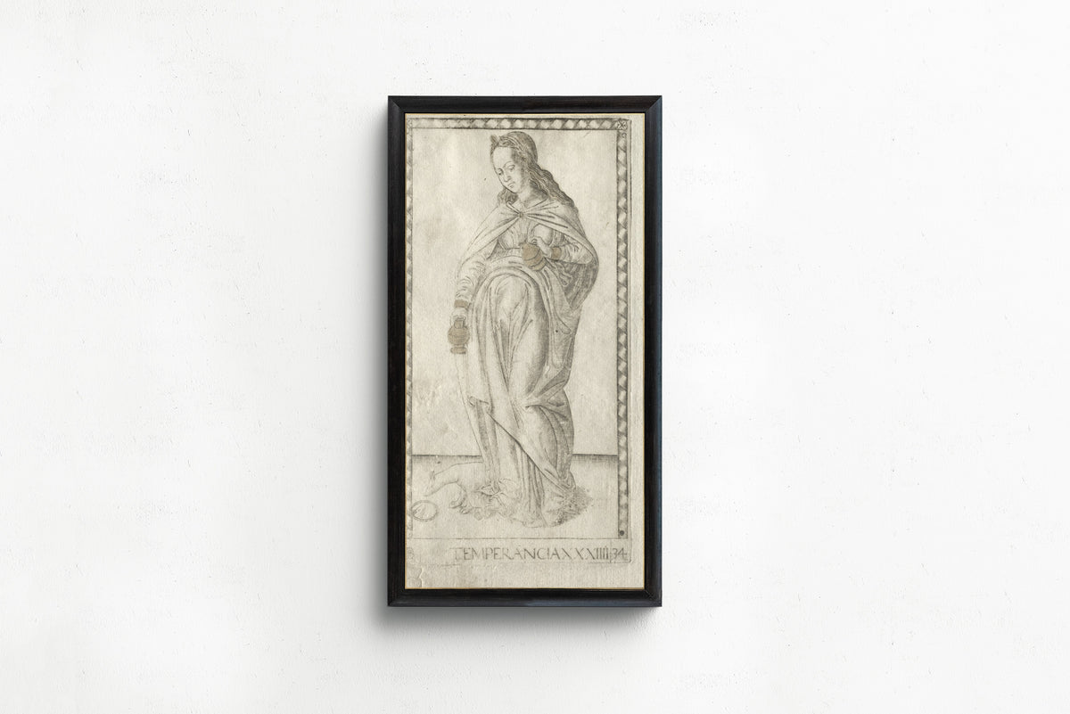 Framed art print of Temperance (from the Tarocchi, Series B: Cosmic Principles… by Master of the E-Series Tarocchi, in a slim black frame on a plain white wall