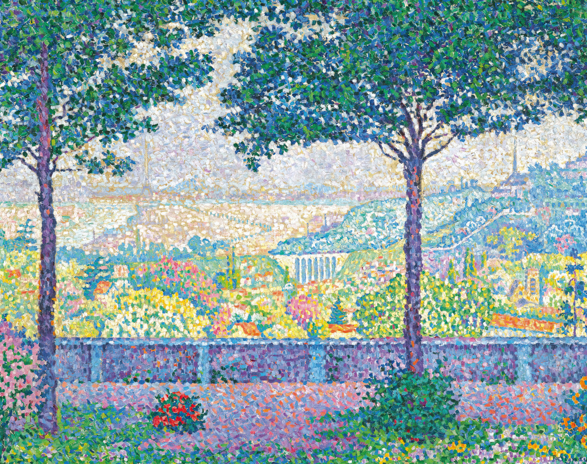 Terrace at Meudon by Paul Signac — Tall trees and a flowering terrace above a hazy valley