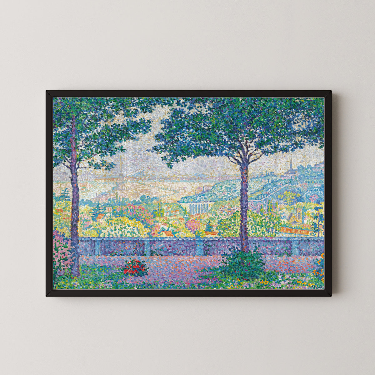 Framed art print of Terrace at Meudon by Paul Signac, in a black frame on a pale wall