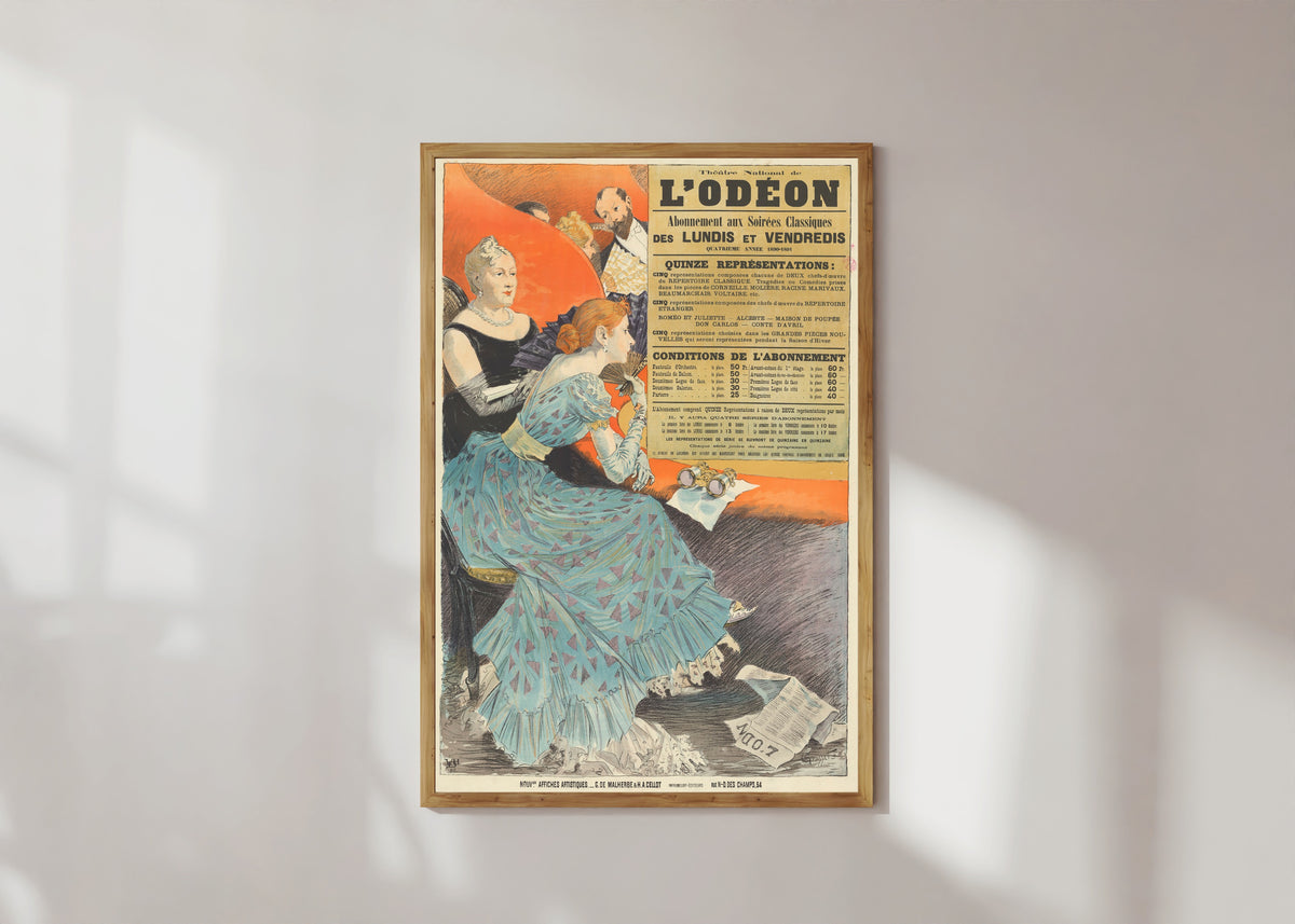 Framed art print of Théatre National de l'Odéon. Abonnement aux soirées classiques… Quatrième… by Eugène Grasset, in a light wood frame on a sunlit white wall