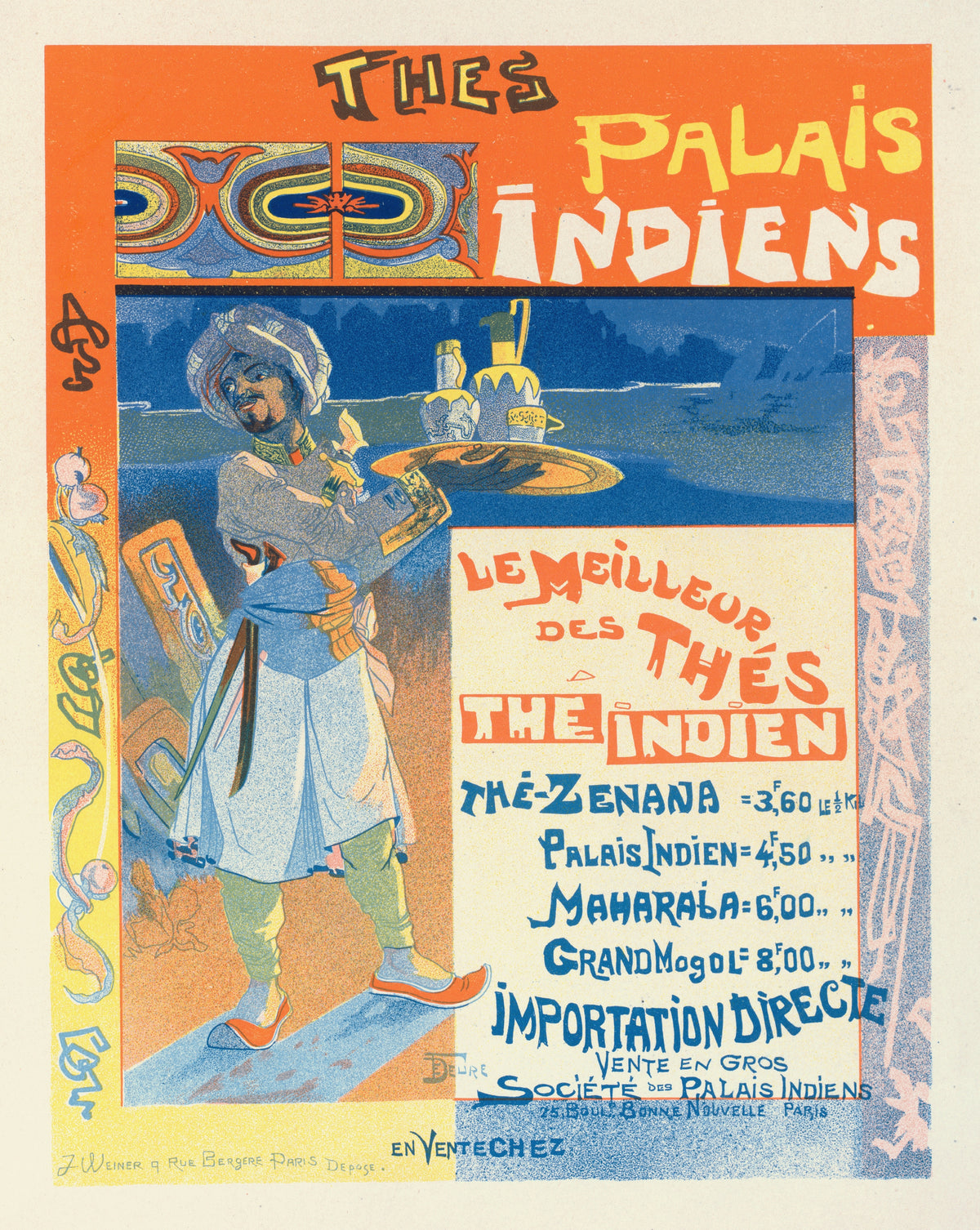 Thés du Palais Indien by Georges de Feure — A turbaned attendant carries a tray of jugs past a tea list