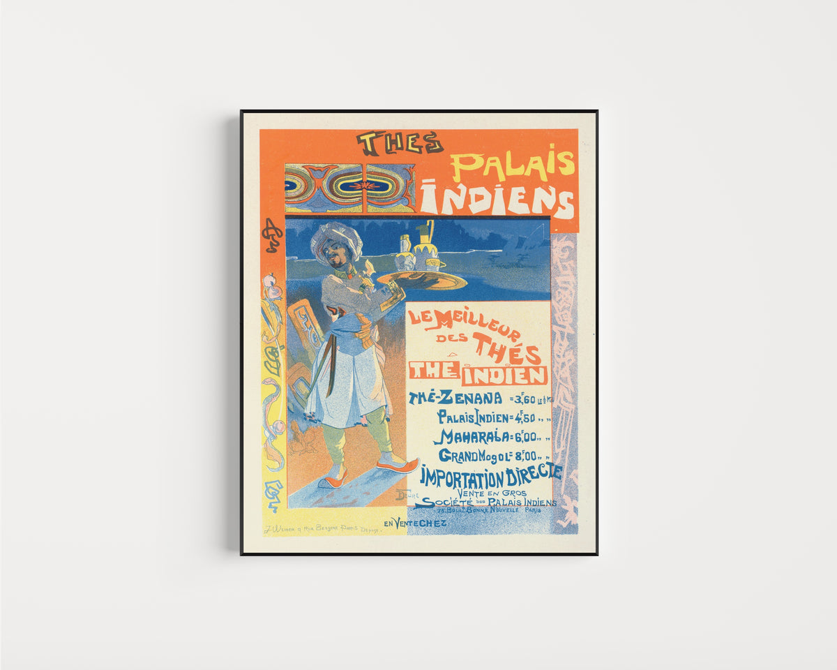 Framed art print of Thés du Palais Indien by Georges de Feure, in a slim black frame on a plain white wall