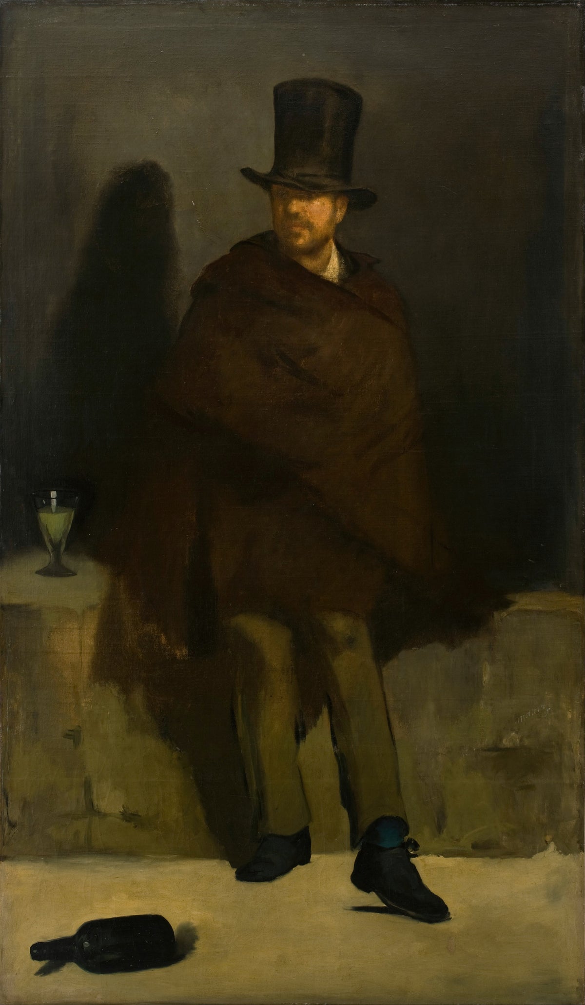 The Absinthe Drinker by Édouard Manet — A man in a top hat and brown cloak leans by a glass of green spirit