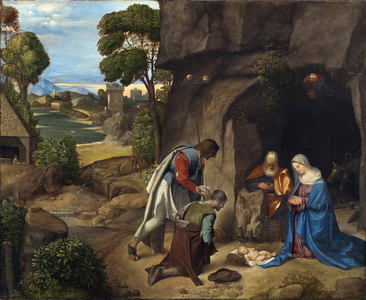 The Adoration of the Shepherds by Giorgione — The Virgin and two shepherds gather at a rocky cave round the infant