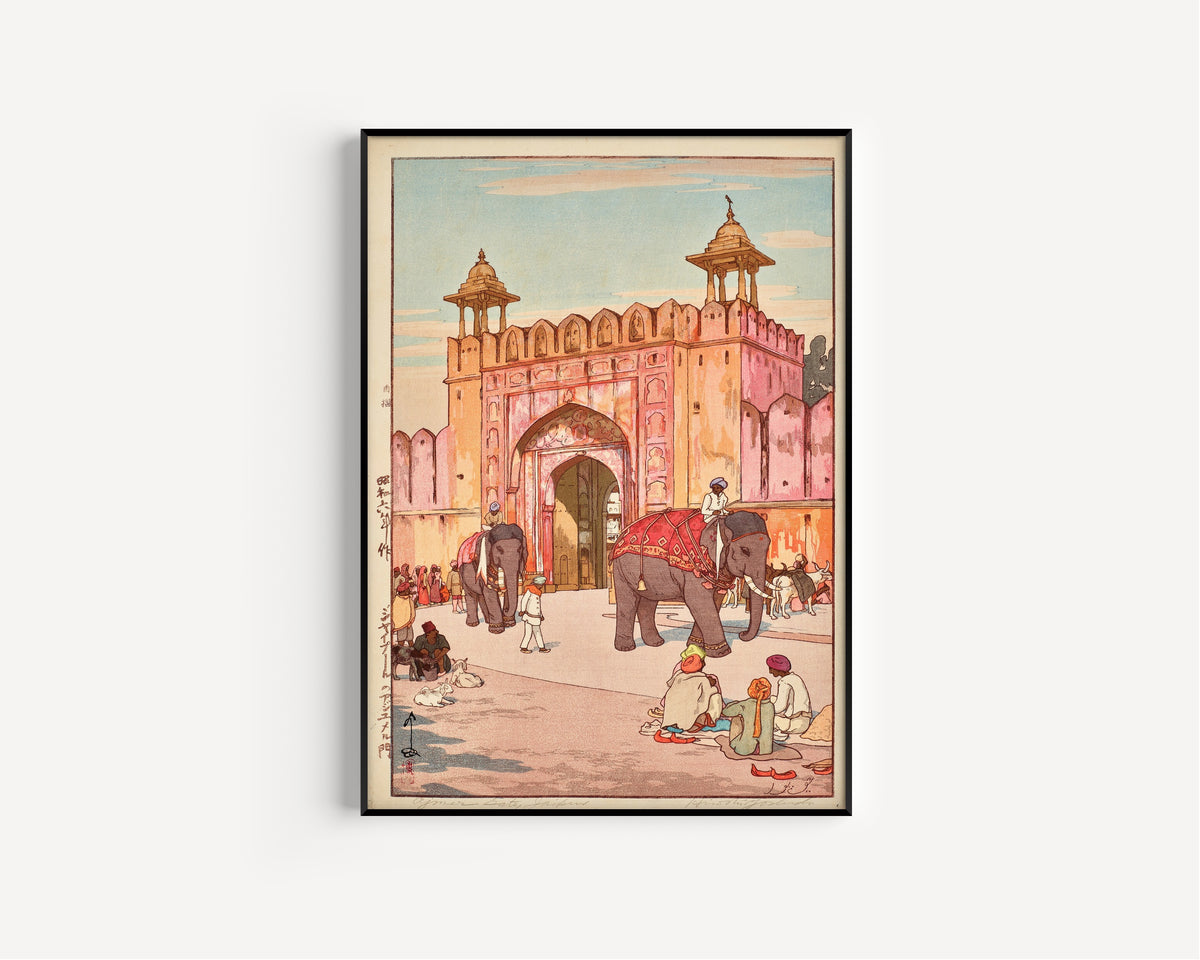Framed art print of The Ajmer Gate at Jaipur by Hiroshi Yoshida, in a slim black frame on a plain white wall