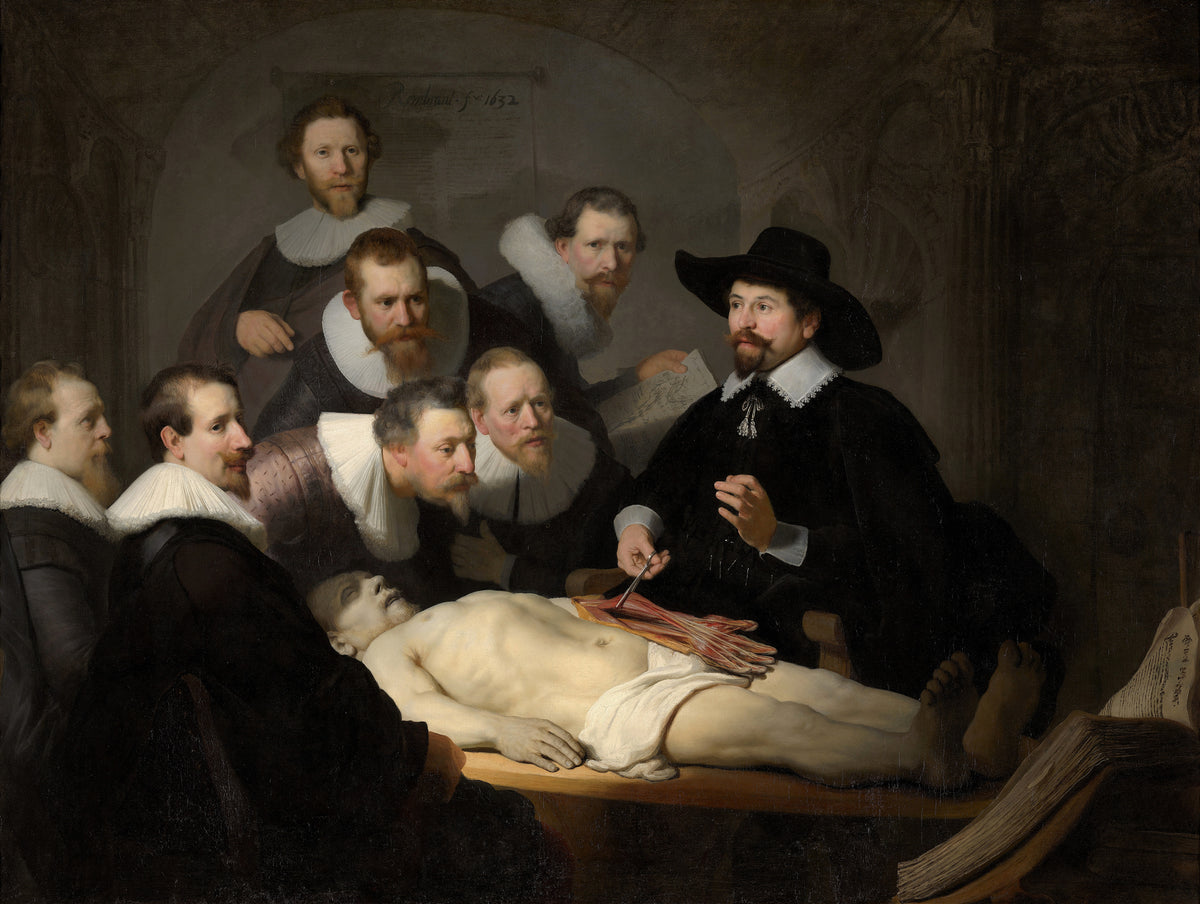 The Anatomy Lesson of Dr Nicolaes Tulp by Rembrandt van Rijn — Surgeons in white ruffs lean in as a doctor lifts a forearm's muscles