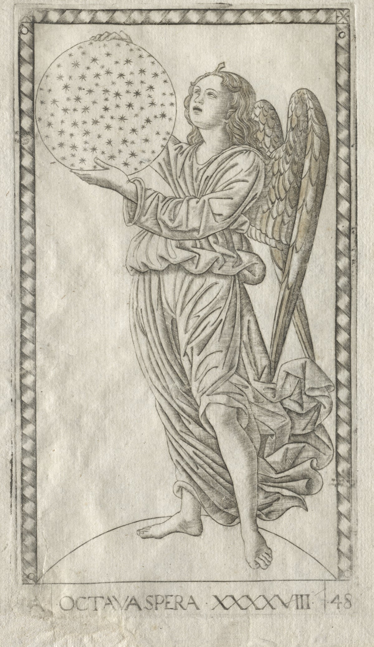 The Angel of the Eighth Sphere (from the Tarocchi, Series A: Firmaments of the Universe, no. 48) by Master of the E-Series Tarocchi — A young angel raises a
