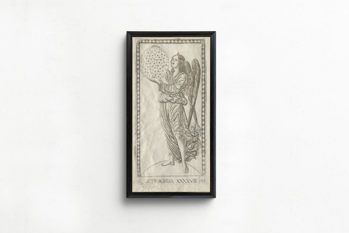 Framed art print of The Angel of the Eighth Sphere (from the Tarocchi, Series… by Master of the E-Series Tarocchi, in a slim black frame on a plain white wall