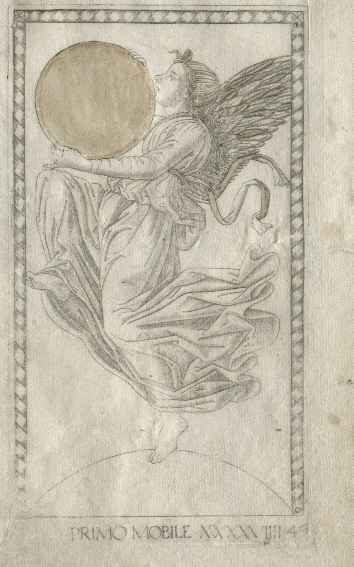 The Angel of the Ninth Sphere (from the Tarocchi, Series A: Firmaments of the Universe, no. 49) by Master of the E-Series Tarocchi — A winged angel lifts a