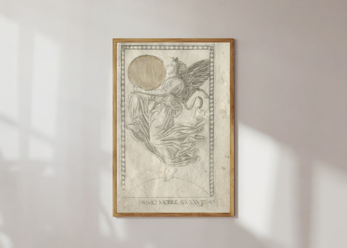 Framed art print of The Angel of the Ninth Sphere (from the Tarocchi, Series… by Master of the E-Series Tarocchi, in a light wood frame on a sunlit white wall