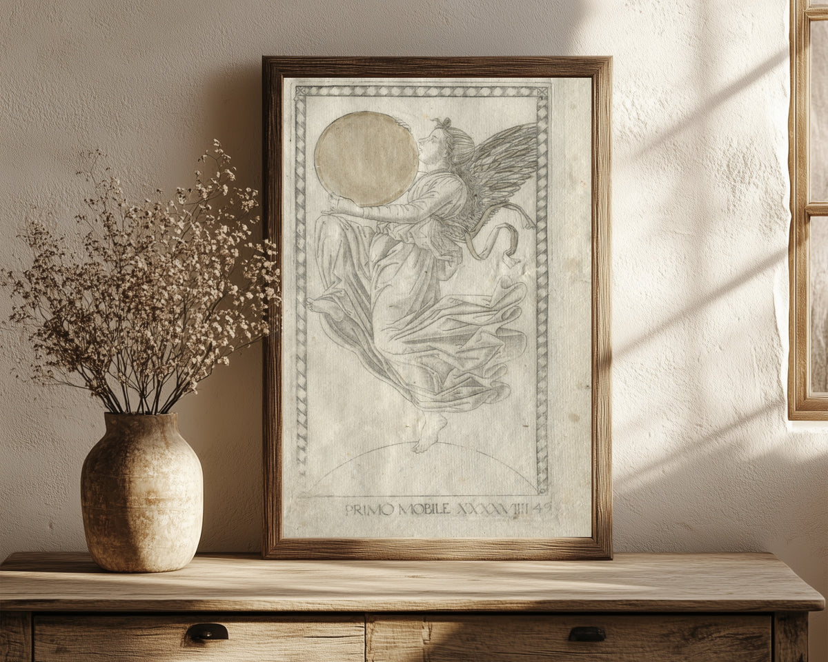 Framed art print of The Angel of the Ninth Sphere… by Master of the E-Series Tarocchi, in a dark wood frame leaning on a rustic console beside dried flowers
