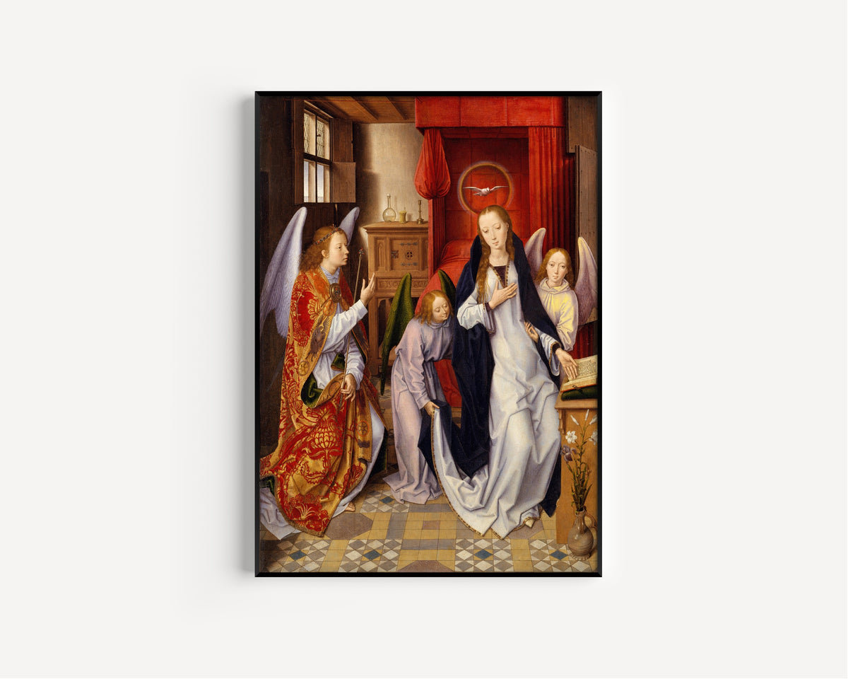 Framed art print of The Annunciation by Hans Memling, in a slim black frame on a plain white wall