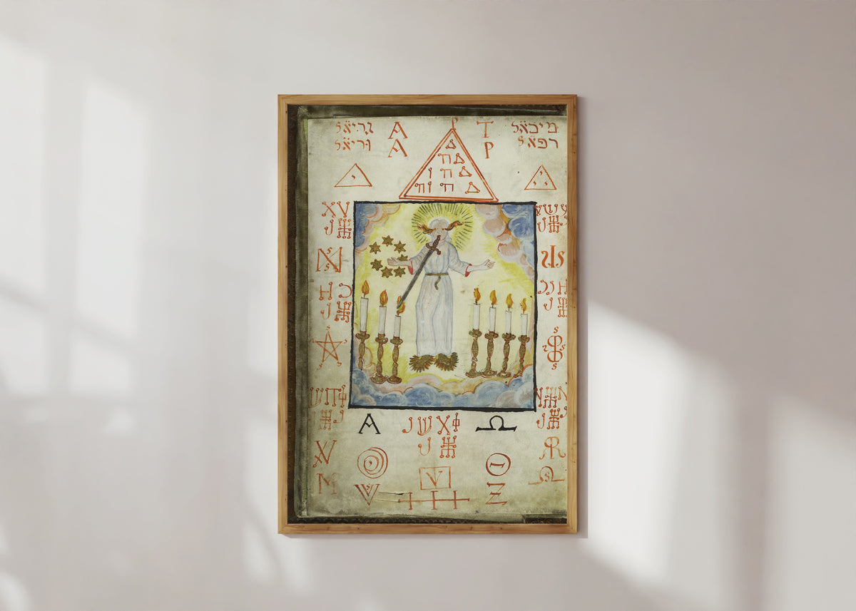 Framed art print of The Archangel Metraton, from Cyprianus by Unknown artist, in a light wood frame on a sunlit white wall