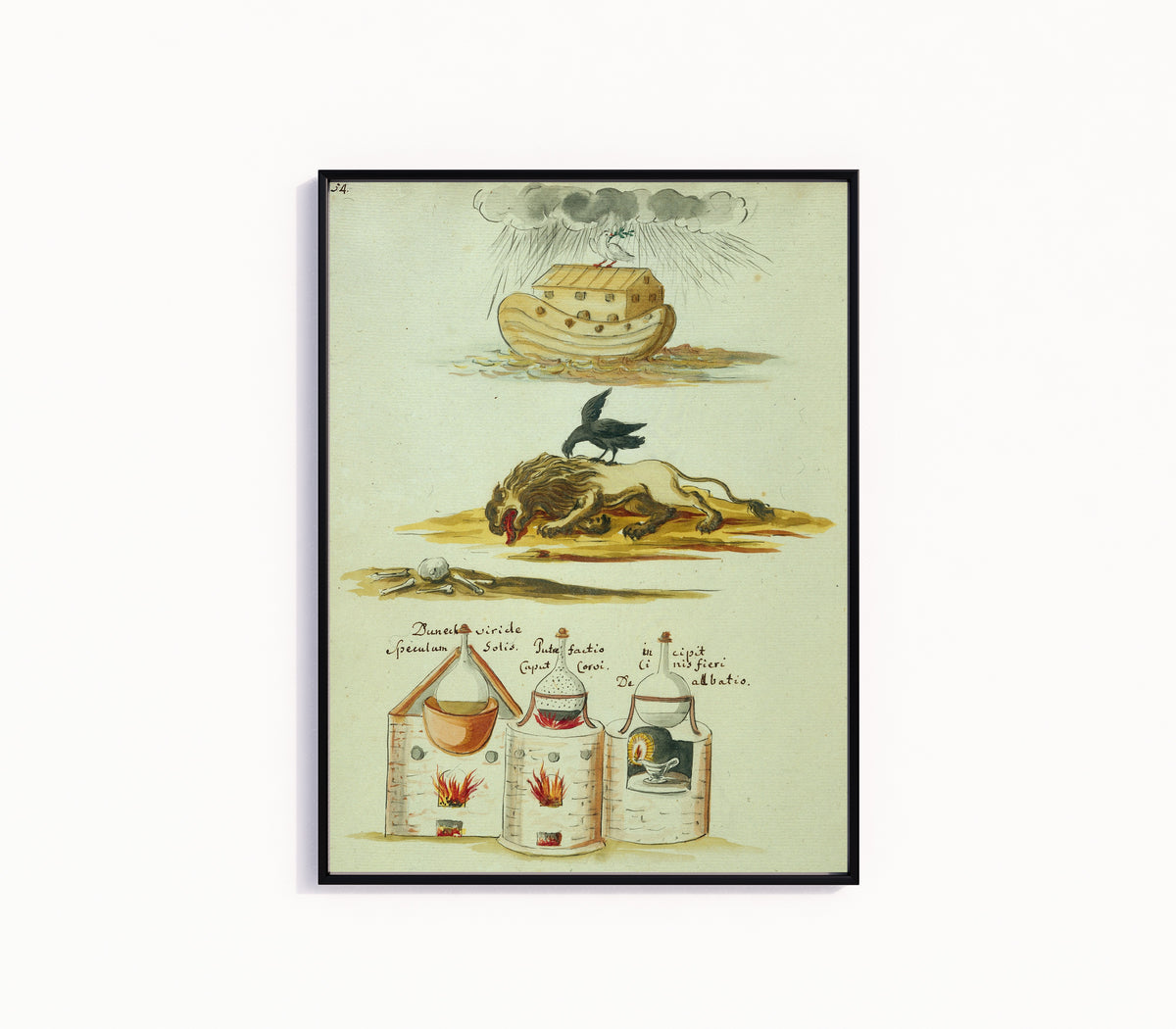 Framed art print of The Ark above a Raven on a Lion, and Three Furnaces by Thesaurus Thesaurorum, in a slim black frame on a plain white wall