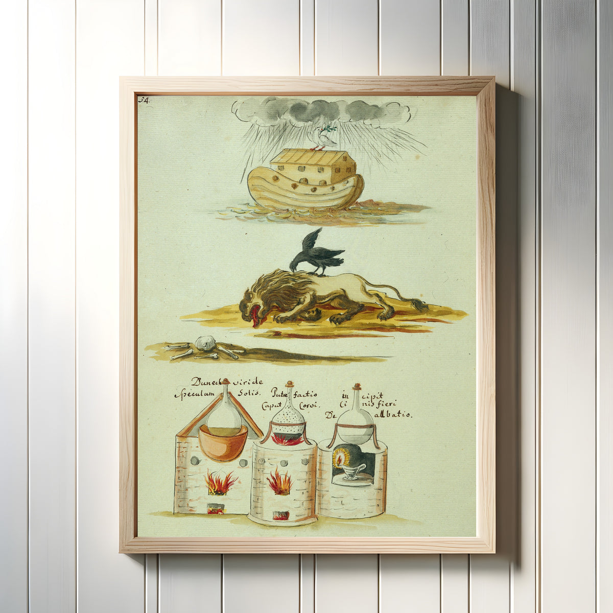 Framed art print of The Ark above a Raven on a Lion, and Three Furnaces by Thesaurus Thesaurorum, in a light wood frame on a white panelled wall