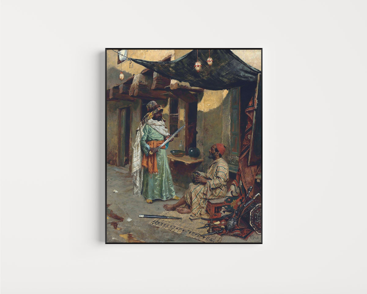 Framed art print of The Arms Merchant by Rudolf Ernst, in a slim black frame on a plain white wall