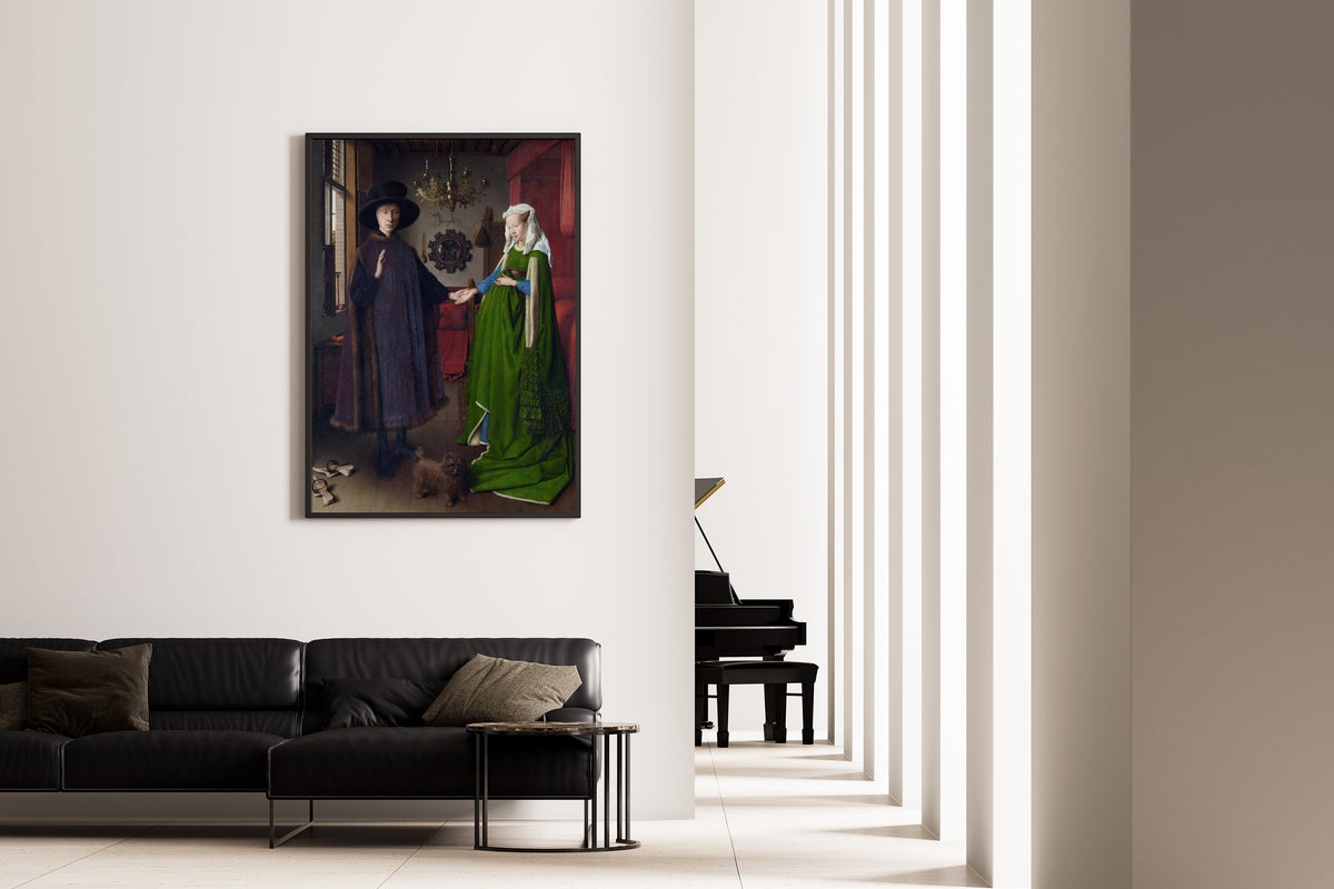 Framed art print of The Arnolfini Portrait by Jan van Eyck, on the wall of a minimal living room